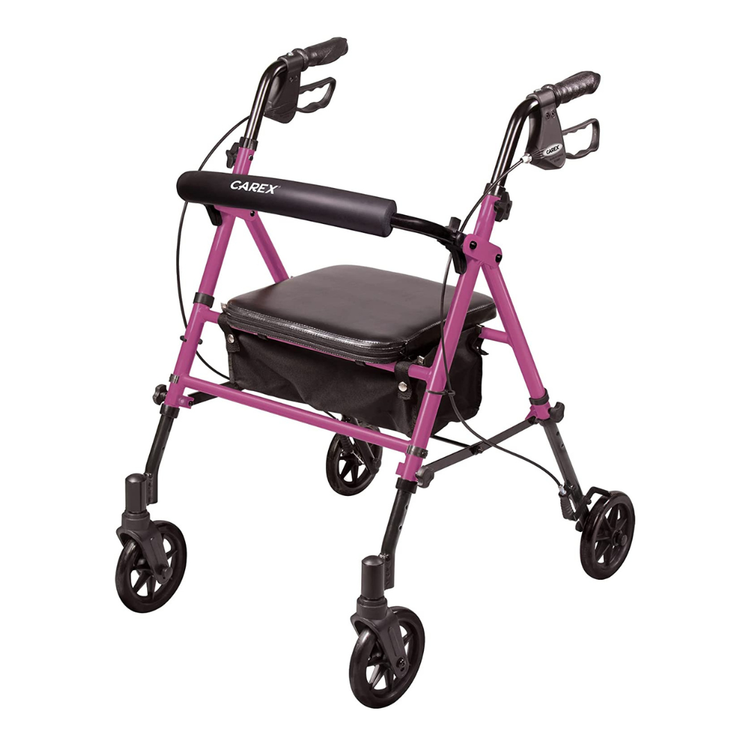 Carex Step 'N Rest Aluminum Folding Rollator Walker with Seat, Storage, & Backrest - Senior.com Rollators